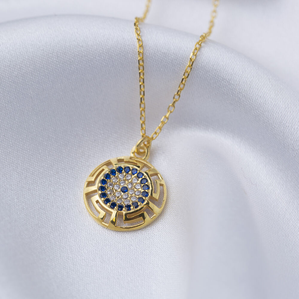 Evil Eye Greek Design Round Cut Woman Charm Necklace Turkish Handmade Wholesale 925 Sterling Silver Pendant