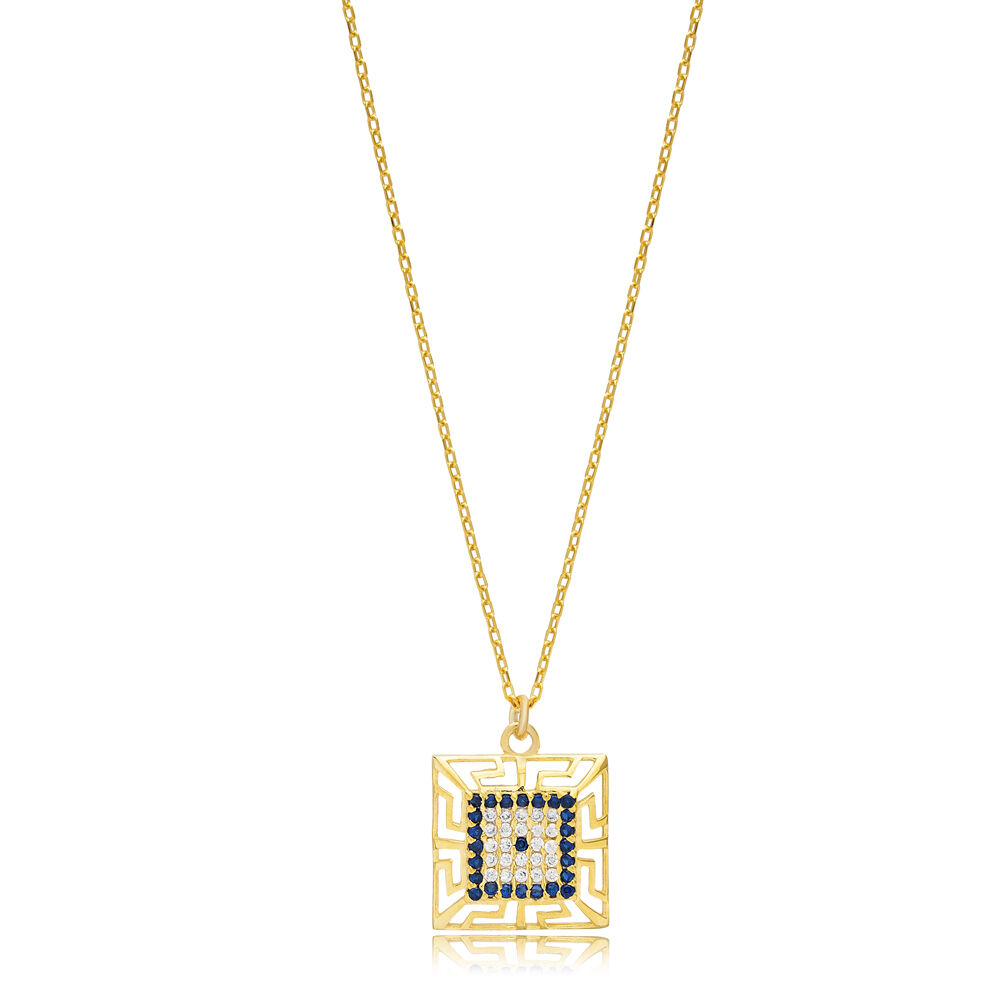 Greek Motif Evil Eye Design Square Geometric Shape Charm Necklace Turkish Handmade Wholesale Jewelry 925 Sterling Silver Pendant