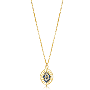 Greek Motif Evil Eye Design Almond Shape Charm Necklace Turkish Handmade Wholesale Jewelry 925 Sterling Silver Pendant