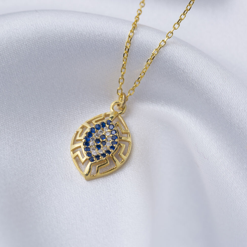 Greek Motif Evil Eye Design Almond Shape Charm Necklace Turkish Handmade Wholesale Jewelry 925 Sterling Silver Pendant