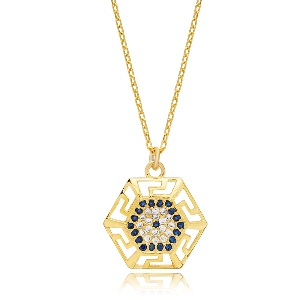 Evil Eye Design Greek Motif Hexagon Geometric Cut Charm Necklace Turkish Handmade Wholesale Jewelry 925 Sterling Silver Pendant