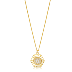 Hexagon Geometric Shape Greek Motif Charm Necklace Turkish Handmade Wholesale 925 Sterling Silver Pendant