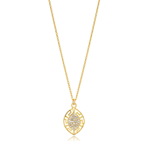 Greek Design Zircon Stone Almond Shape Charm Necklace Turkish Handmade Wholesale 925 Sterling Silver Pendant