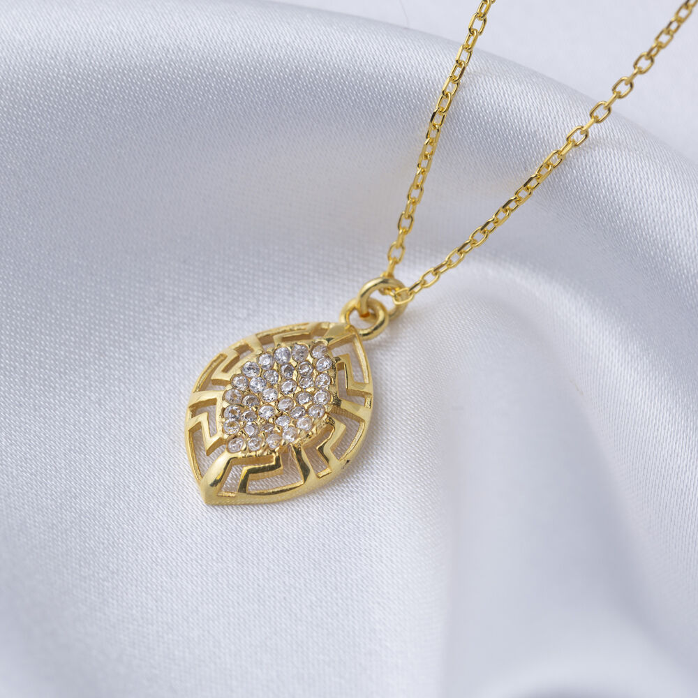 Greek Design Zircon Almond Sterling Silver Charm Necklace
