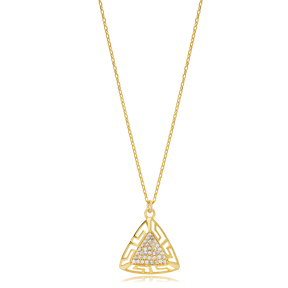 Triangle Shape Greek Motif Design Shiny Zircon Stone Charm Necklace Turkish Handmade Jewelry 925 Sterling Silver Pendant