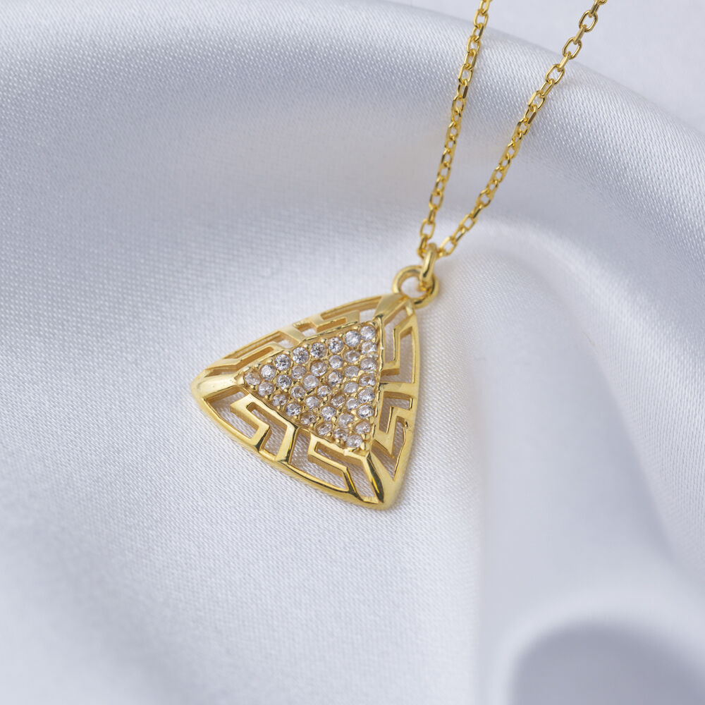 Triangle Shape Greek Motif Design Shiny Zircon Stone Charm Necklace Turkish Handmade Jewelry 925 Sterling Silver Pendant