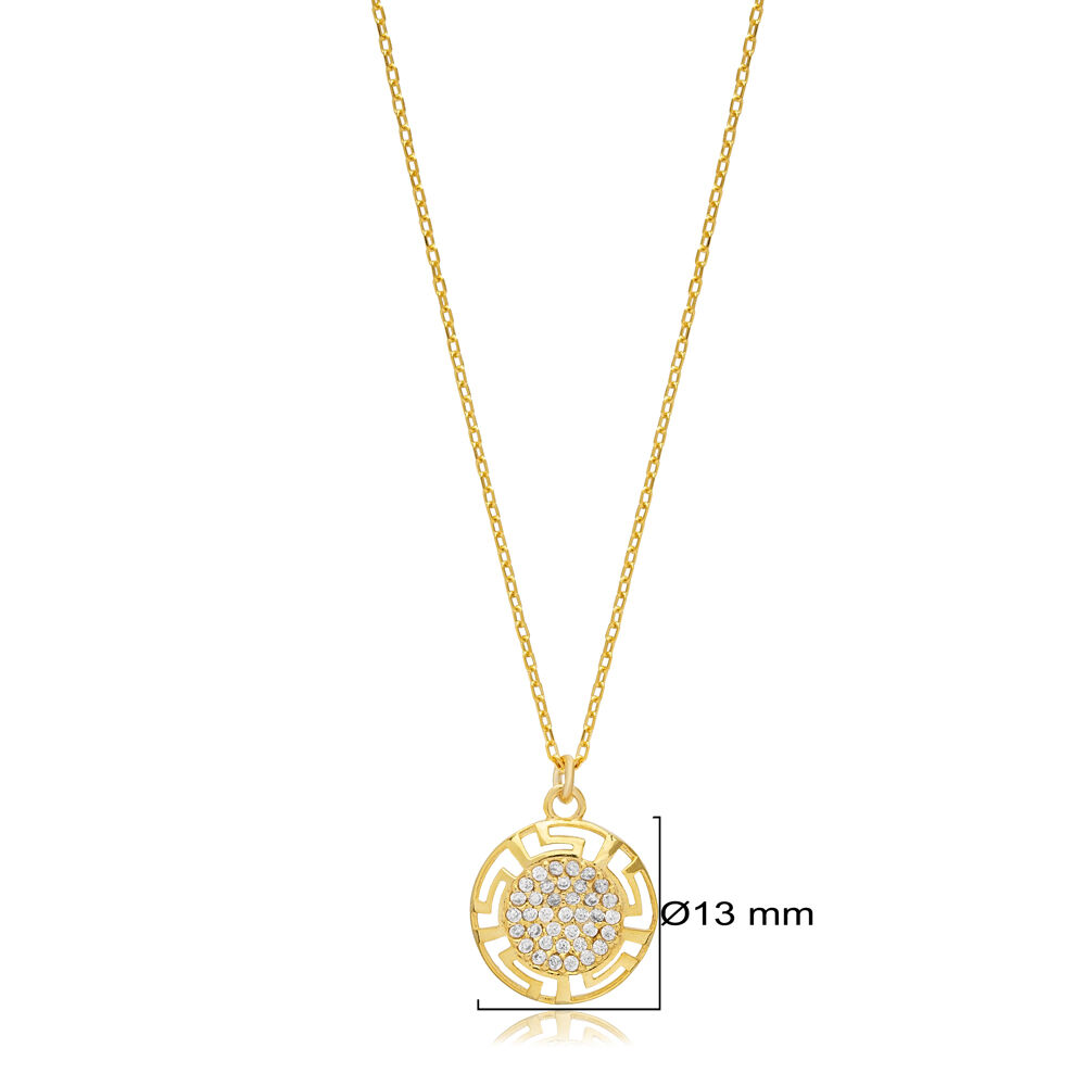 Round Shape Zircon Stone Greek Motif Design Charm Necklace Turkish Handmade Wholesale Jewelry 925 Sterling Silver Pendant