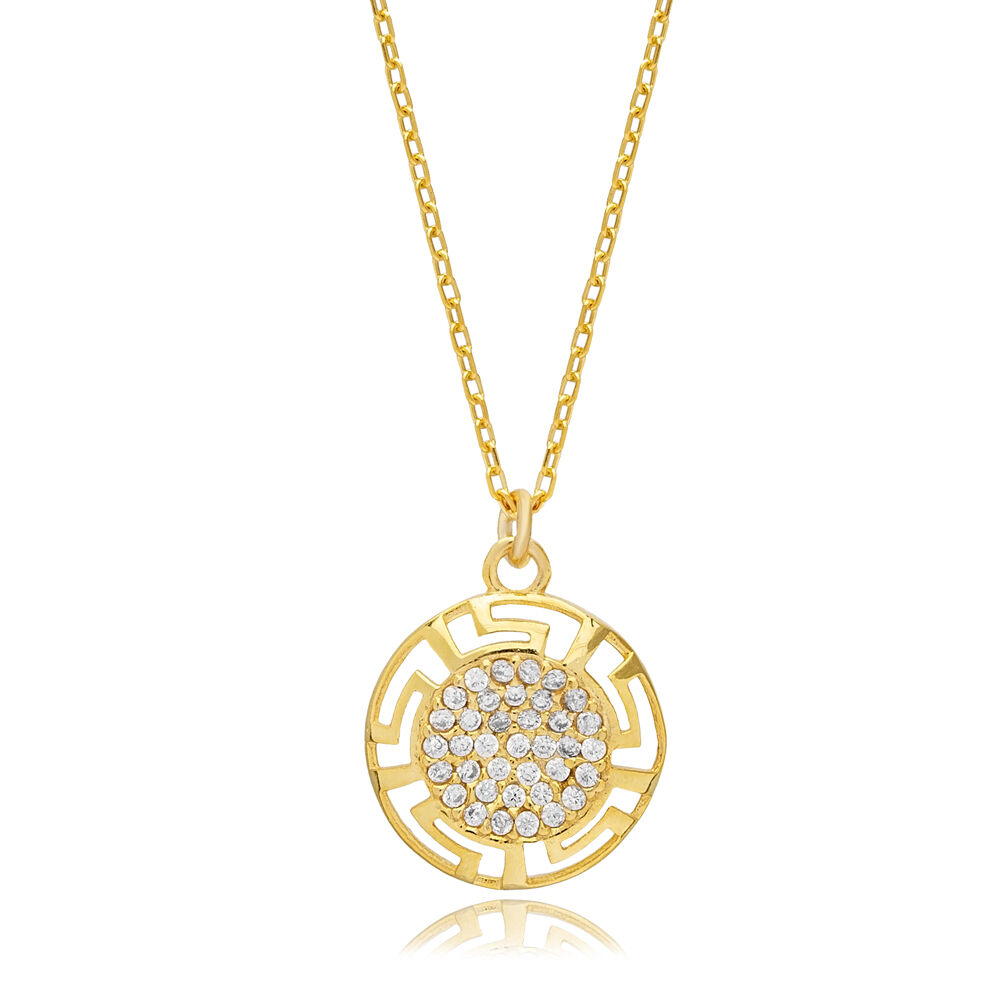 Round Shape Zircon Stone Greek Motif Design Charm Necklace Turkish Handmade Wholesale Jewelry 925 Sterling Silver Pendant