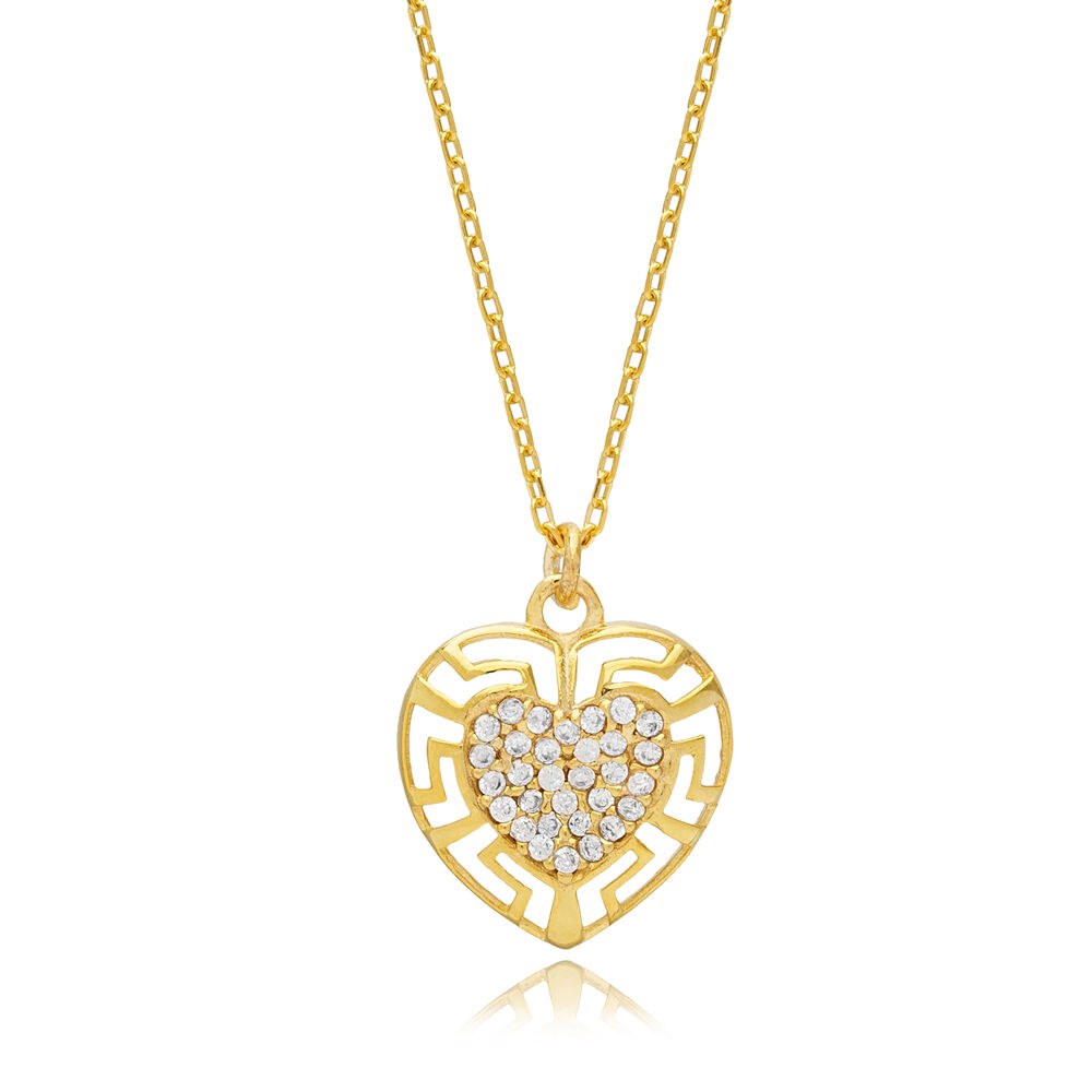 Heart Shape Greek Motif Design Charm Necklace Turkish Handmade Wholesale Jewelry 925 Sterling Silver Pendant