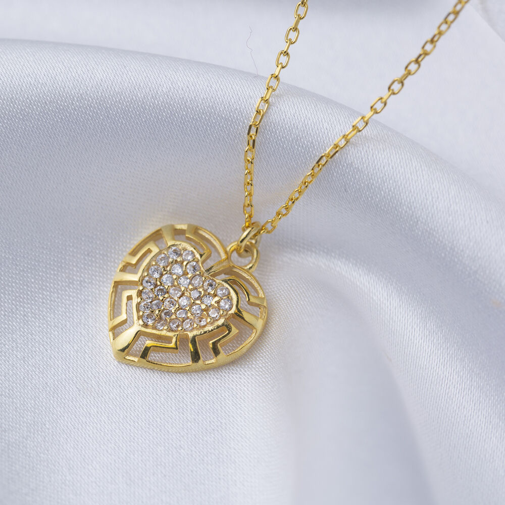 Heart Shape Greek Motif Design Charm Necklace Turkish Handmade Wholesale Jewelry 925 Sterling Silver Pendant