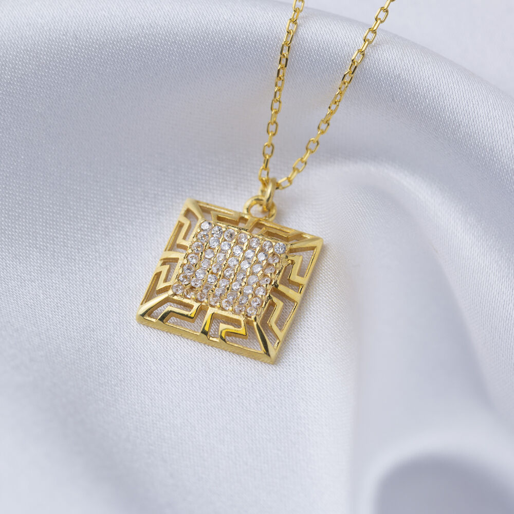 Geometric Shape Greek Design Zircon Stone Charm Necklace Turkish Handcrafted Wholesale Jewelry 925 Sterling Silver Pendant