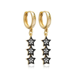Triple Star Design Black Ink with Zircon Stone Dangle Earrings Turkish Handmade 925 Sterling Silver Jewelry