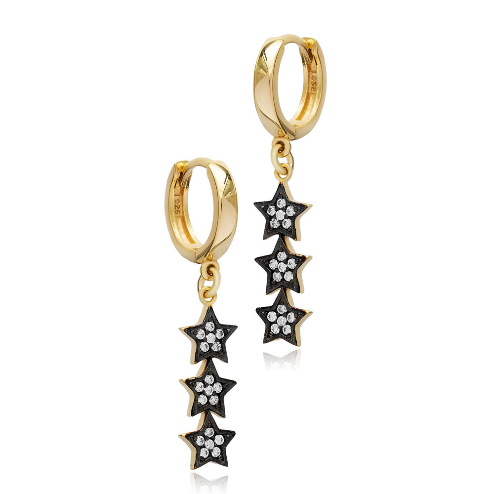 Triple Star Design Black Ink with Zircon Stone Dangle Earrings Turkish Handmade 925 Sterling Silver Jewelry