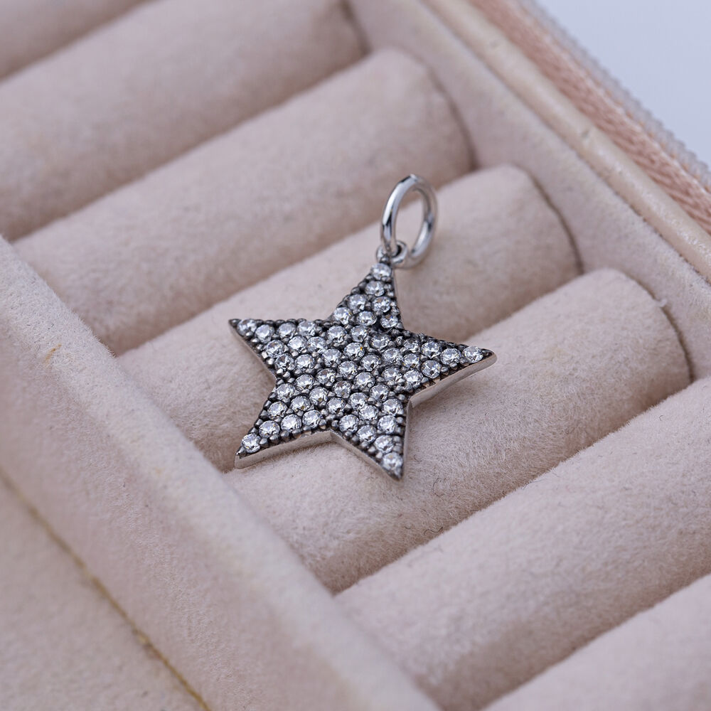 Star Design Black Ink with Zircon Stone Charm for Woman Turkish Handmade Wholesale 925 Sterling Silver Jewelry