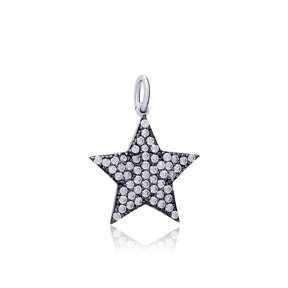 Star Design Black Ink with Zircon Stone Charm for Woman Turkish Handmade Wholesale 925 Sterling Silver Jewelry