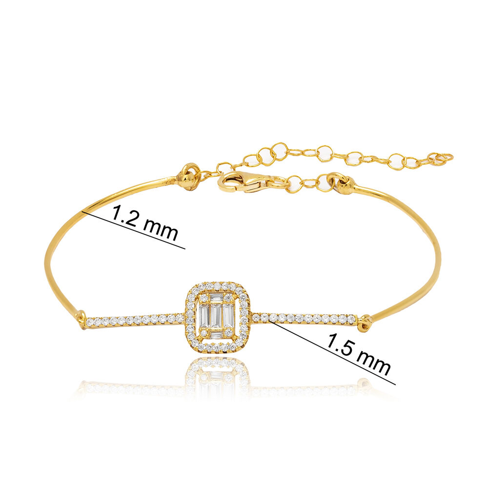 Square Geometric Shape Zircon Stone Thin Chain Woman Cluster Bracelet Turkish Handmade Wholesale 925 Sterling Silver Jewelry