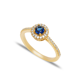 Round Shape Sapphire with Zircon Stone Cluster Ring Turkish Handmade Wholesale 925 Sterling Silver Jewelry
