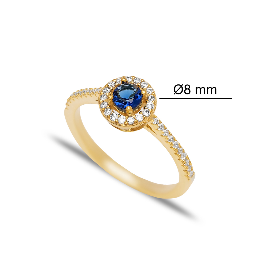 Round Shape Sapphire with Zircon Stone Cluster Ring Turkish Handmade Wholesale 925 Sterling Silver Jewelry