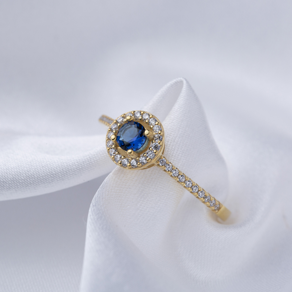 Round Shape Sapphire with Zircon Stone Cluster Ring Turkish Handmade Wholesale 925 Sterling Silver Jewelry