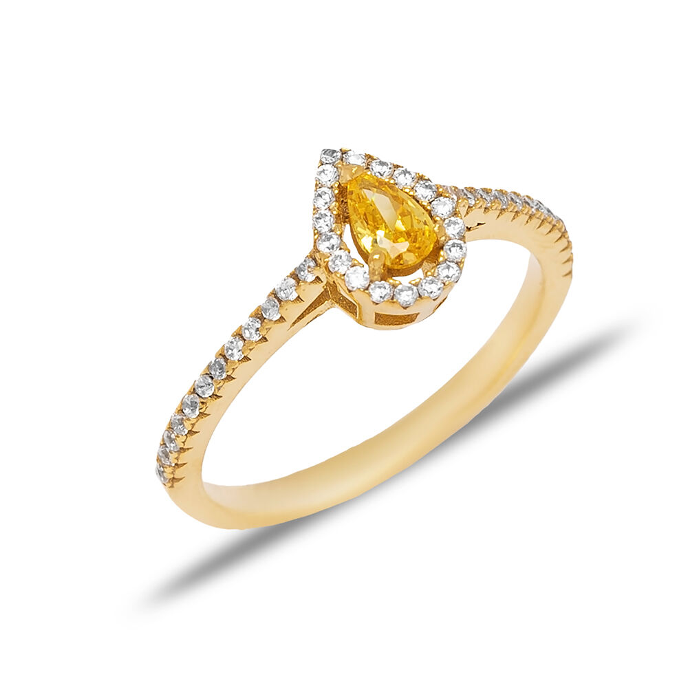 Pear Shape Citrine with Zircon Stone Cluster Ring Turkish Handmade Wholesale 925 Sterling Silver Jewelry