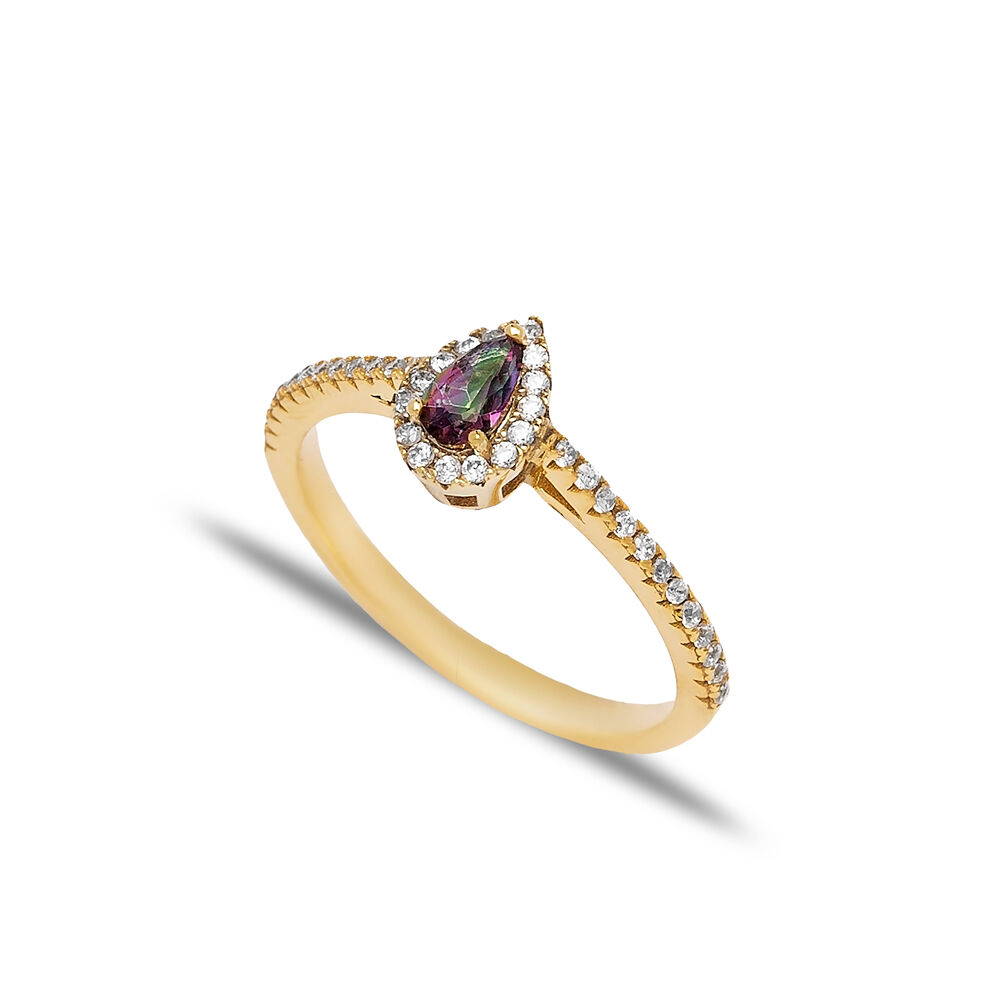 Pear Shape Mystic Topaz with Zircon Stone Cluster Ring Turkish Handmade Wholesale 925 Sterling Silver Jewelry