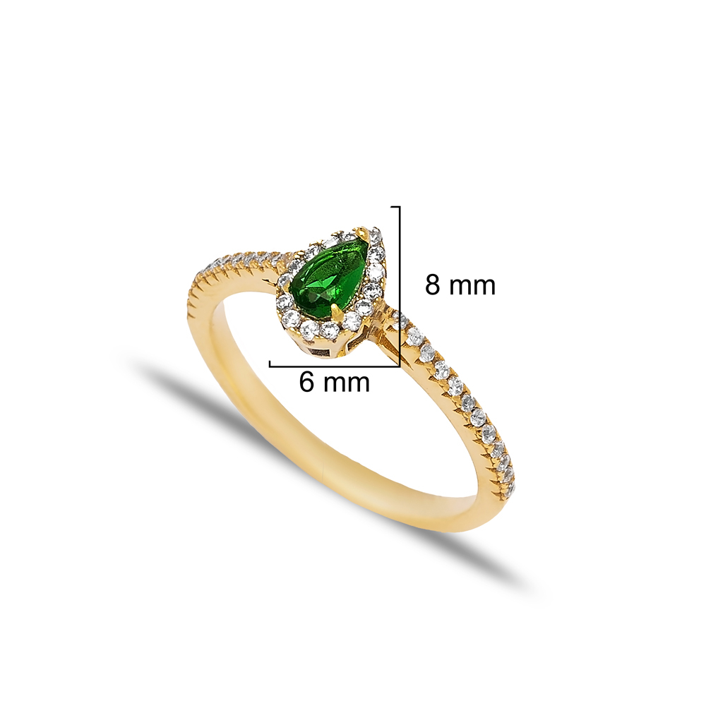 Pear Shape Emerald with Zircon Stone Cluster Ring Turkish Handmade Wholesale 925 Sterling Silver Jewelry