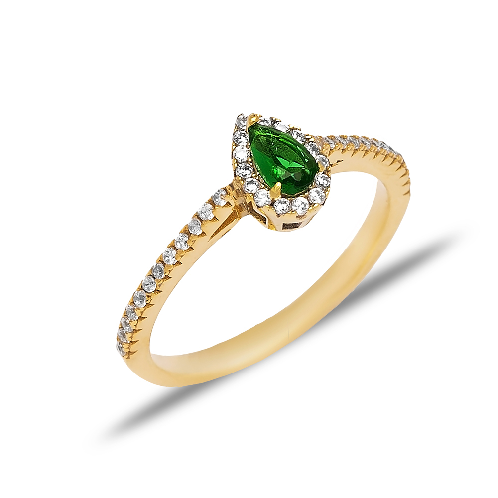 Pear Shape Emerald with Zircon Stone Cluster Ring Turkish Handmade Wholesale 925 Sterling Silver Jewelry