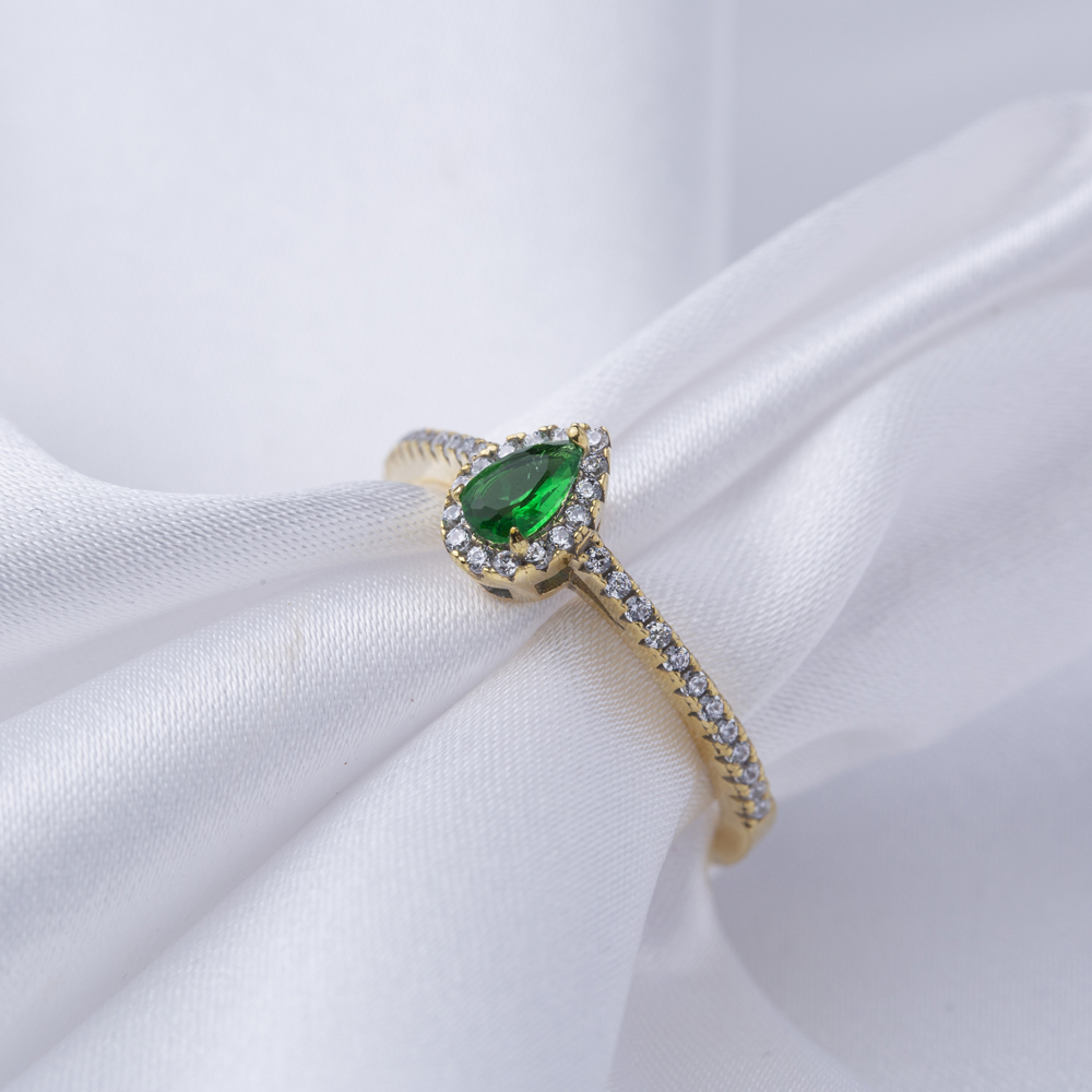 Pear Shape Emerald with Zircon Stone Cluster Ring Turkish Handmade Wholesale 925 Sterling Silver Jewelry