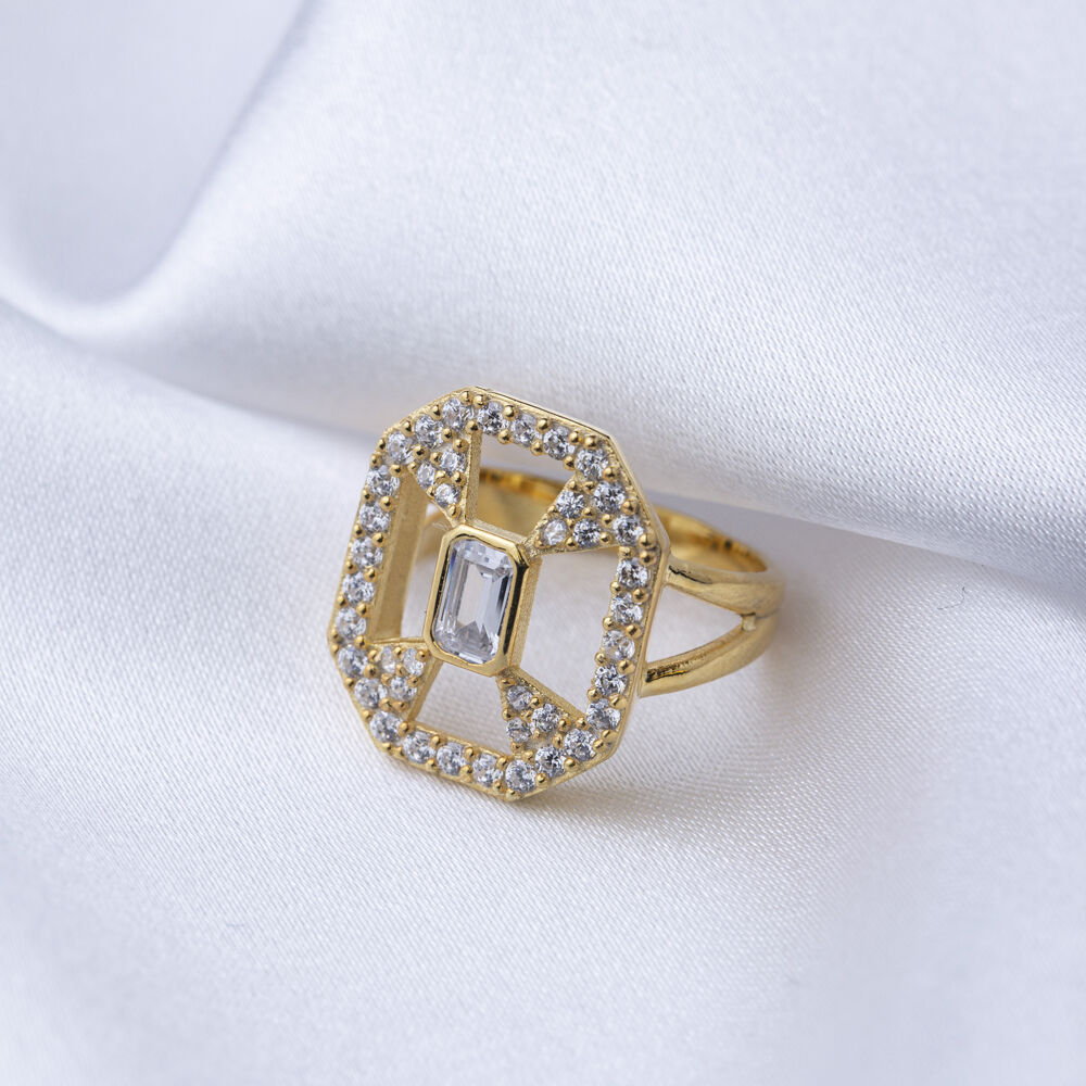 Geometric Shape Zircon Stone Cluster Ring Turkish Handmade Wholesale 925 Sterling Silver Jewelry