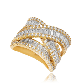 Triple Irregular Row Baguette Zircon Stone Cluster Ring Turkish Handmade Wholesale 925 Sterling Silver Jewelry