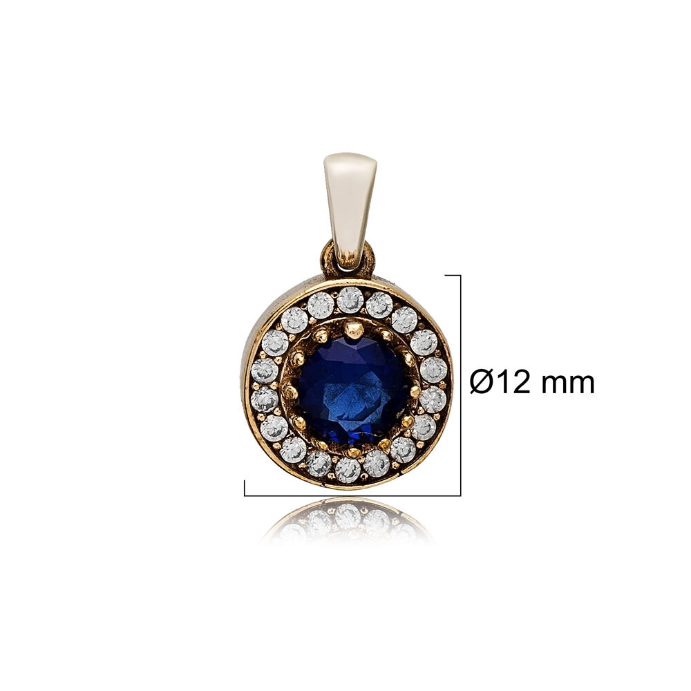 Round Shape Sapphire CZ Stone Authentic Pendant Charm Turkish Handmade Wholesale 925 Sterling Silver Jewelry