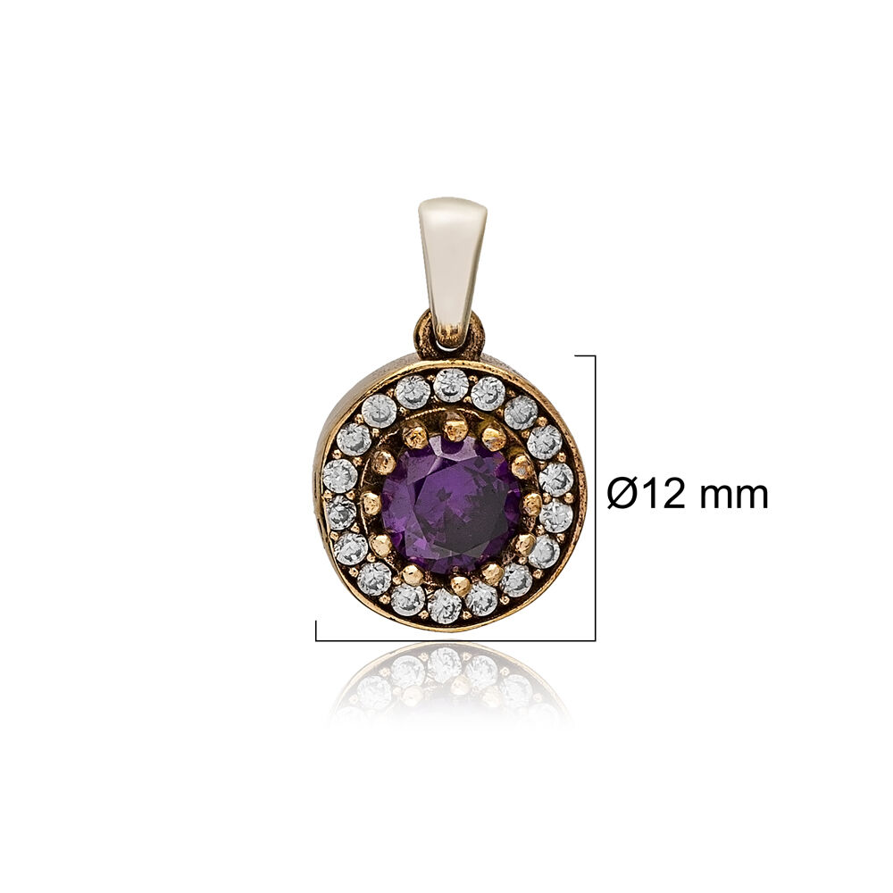 Round Shape Amethyst CZ Stone Authentic Pendant Charm Turkish Handmade Wholesale Silver Jewelry 925 Sterling Silver Authentic Charm