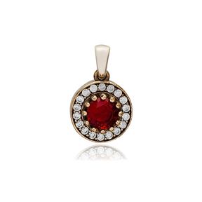 Round Shape Garnet CZ Stone Authentic Pendant Charm Turkish Handmade Wholesale Silver Jewelry 925 Sterling Silver Authentic Charm