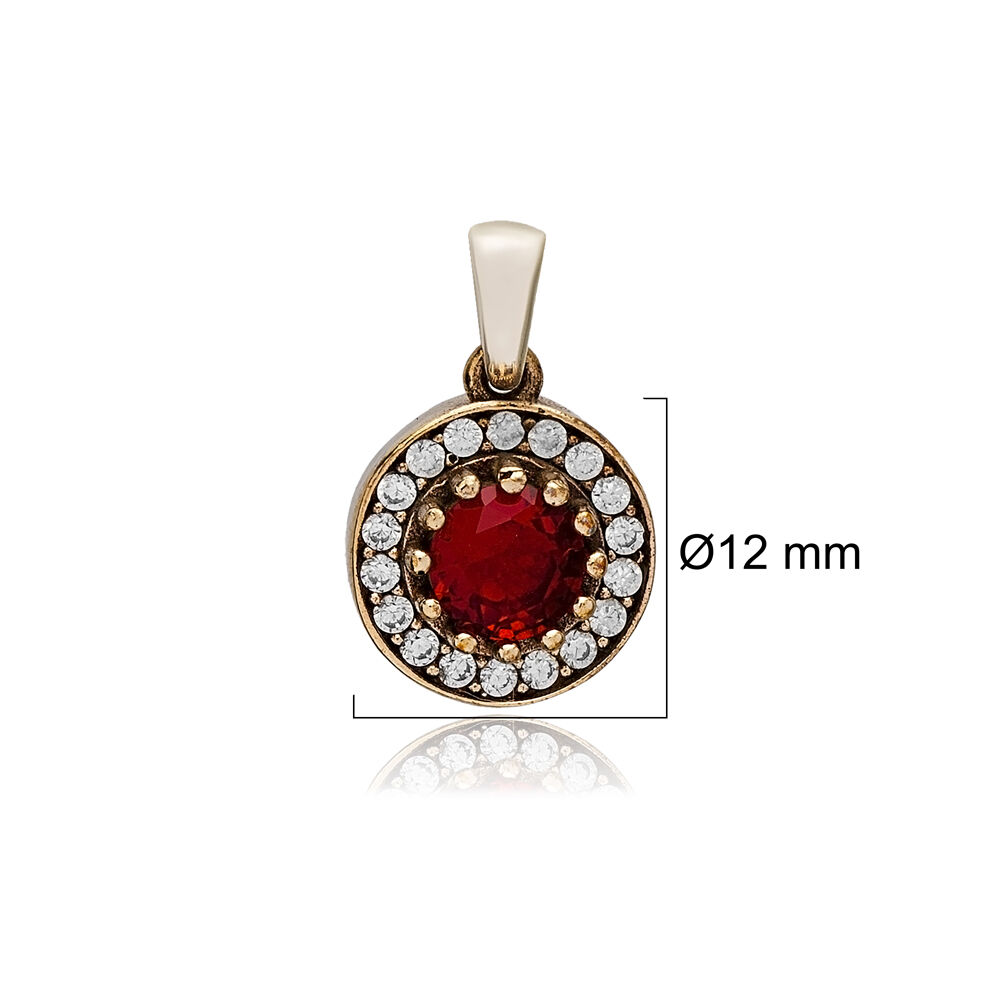 Round Shape Garnet CZ Stone Authentic Pendant Charm Turkish Handmade Wholesale Silver Jewelry 925 Sterling Silver Authentic Charm