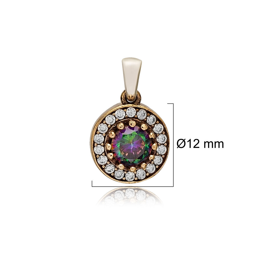 Round Shape Mystic Topaz CZ Stone Authentic Pendant Charm Turkish Handmade Wholesale 925 Sterling Silver Jewelry