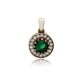 Round Shape Emerald CZ Stone Authentic Pendant Charm Turkish Handmade Wholesale 925 Sterling Silver Jewelry
