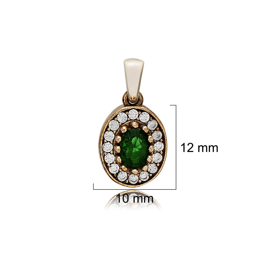 Oval Shape Emerald CZ Stone Authentic Pendant Charm Turkish Handmade Wholesale 925 Sterling Silver Jewelry