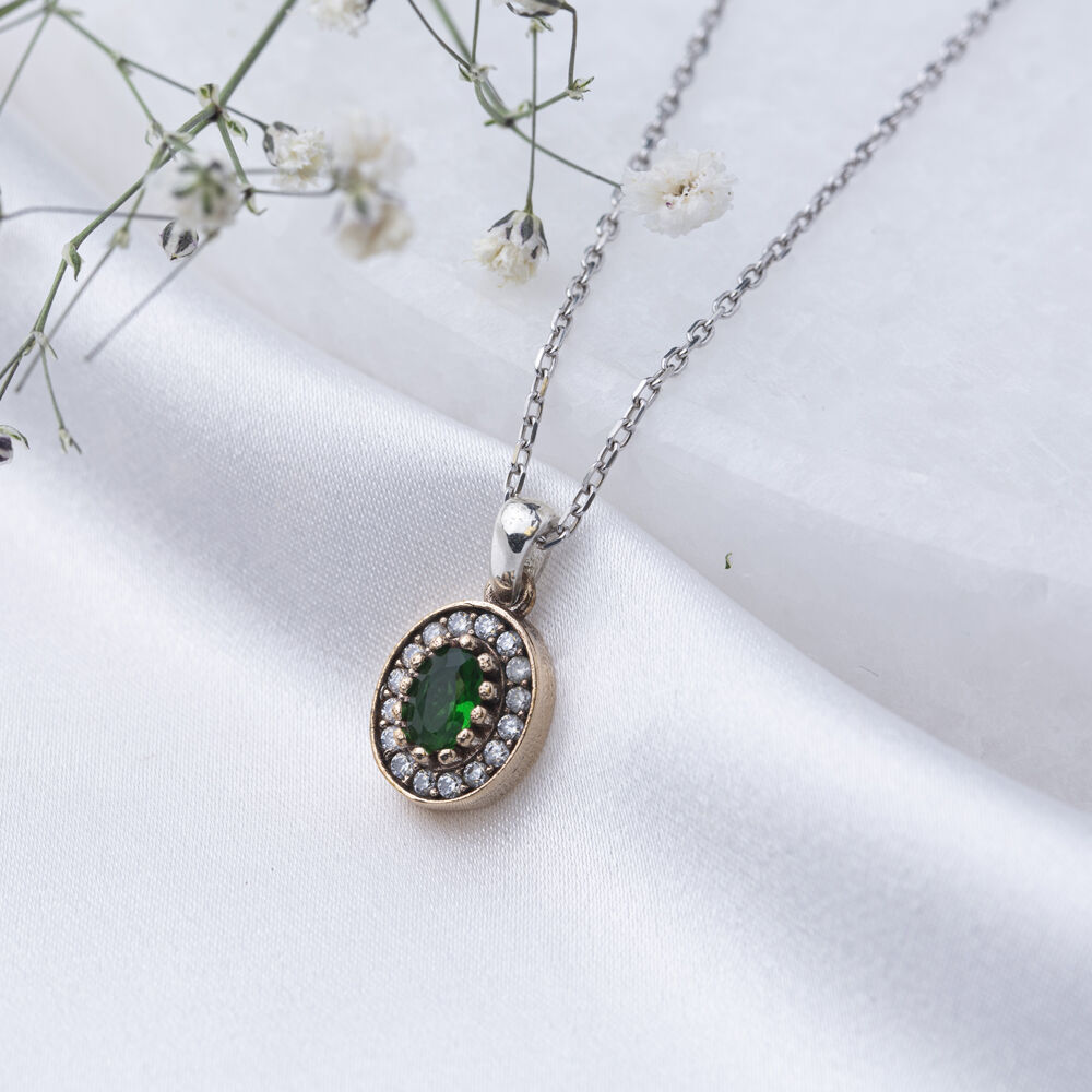 Oval Shape Emerald CZ Stone Authentic Pendant Charm Turkish Handmade Wholesale 925 Sterling Silver Jewelry