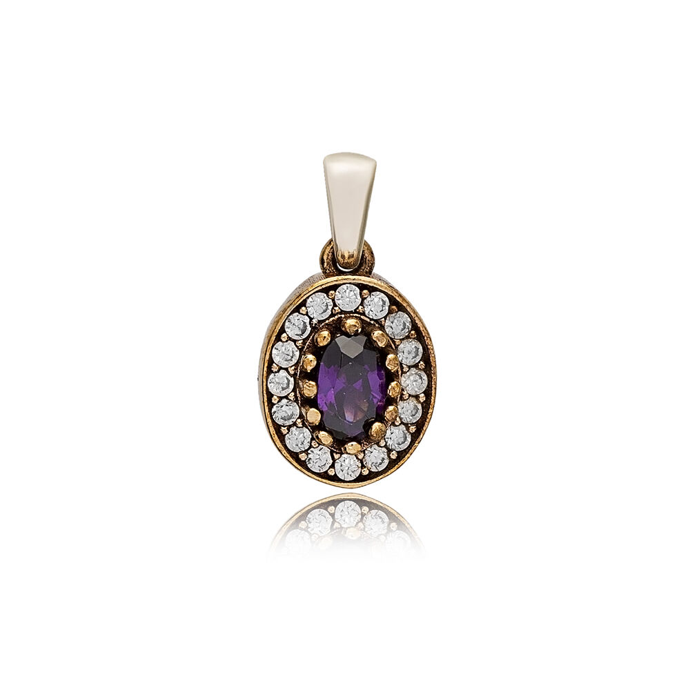 Oval Shape Amethyst CZ Stone Authentic Pendant Charm Turkish Handmade Wholesale 925 Sterling Silver Jewelry