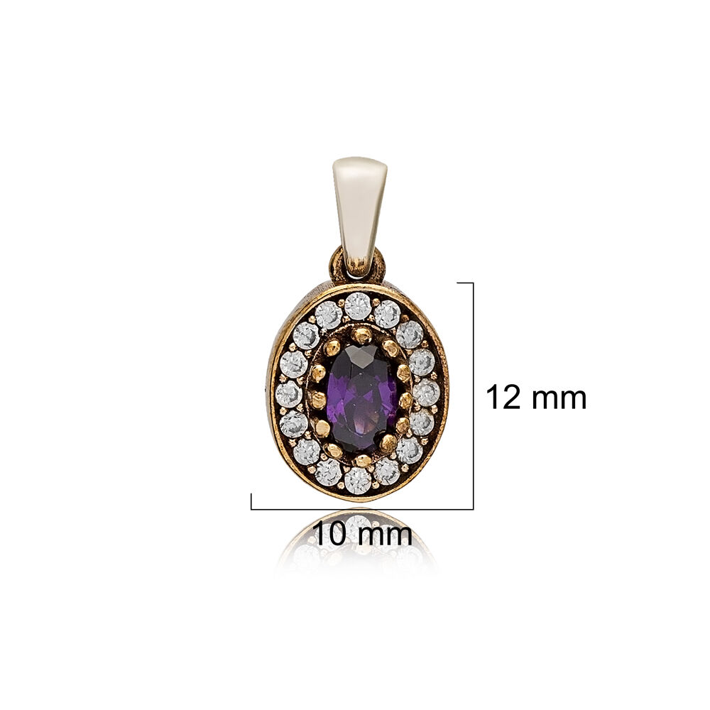 Oval Shape Amethyst CZ Stone Authentic Pendant Charm Turkish Handmade Wholesale 925 Sterling Silver Jewelry