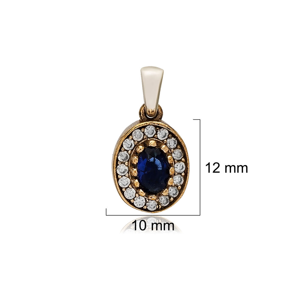 Oval Shape Sapphire CZ Stone Authentic Pendant Charm Turkish Handmade Wholesale Silver Jewelry 925 Sterling Silver Authentic Charm