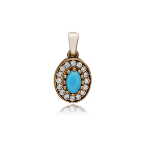 Oval Shape Turquoise CZ Stone Authentic Pendant Charm Turkish Handmade Wholesale Silver Jewelry 925 Sterling Silver Authentic Charm