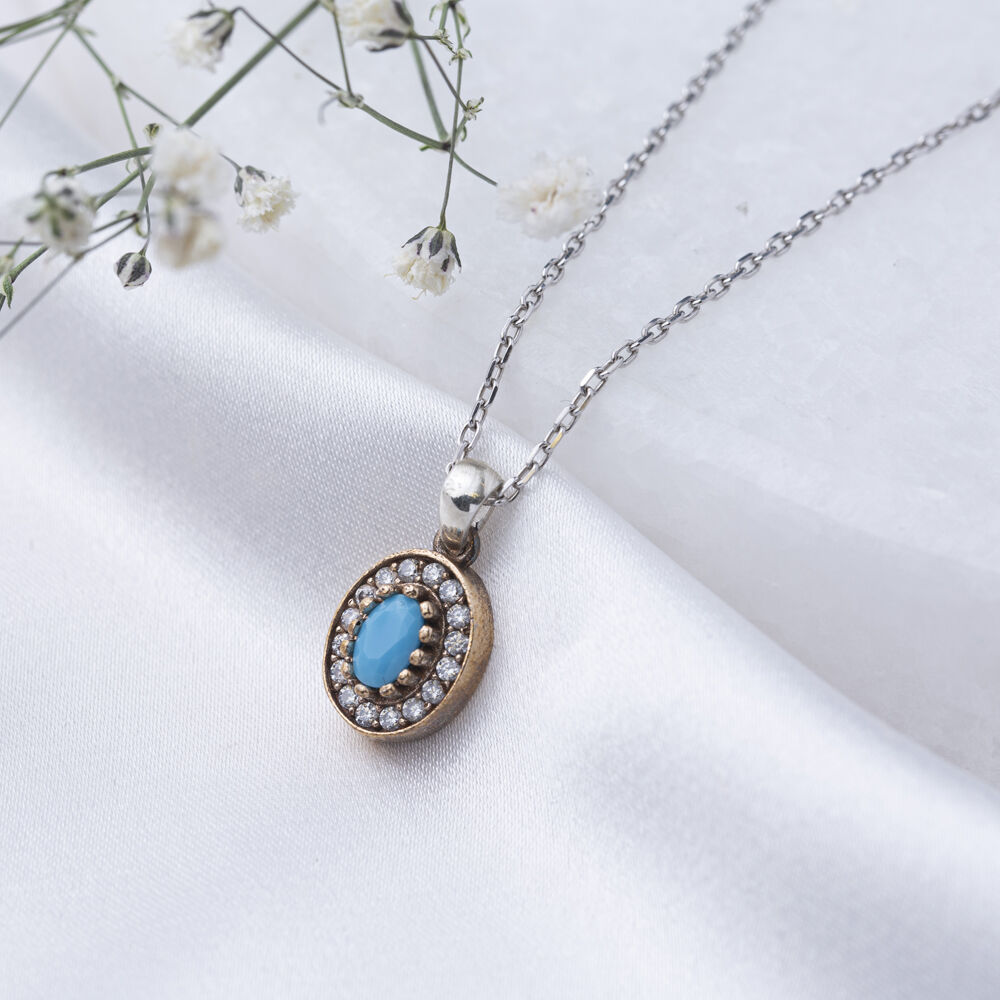 Oval Shape Turquoise CZ Stone Authentic Pendant Charm Turkish Handmade Wholesale Silver Jewelry 925 Sterling Silver Authentic Charm