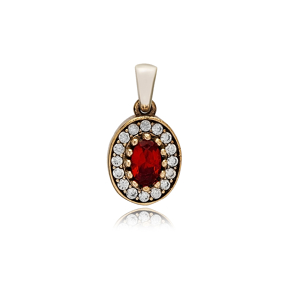 Oval Shape Garnet CZ Stone Authentic Pendant Charm Turkish Handmade Wholesale Silver Jewelry 925 Sterling Silver Authentic Charm