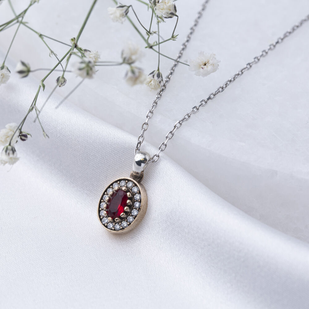Oval Shape Garnet CZ Stone Authentic Pendant Charm Turkish Handmade Wholesale Silver Jewelry 925 Sterling Silver Authentic Charm