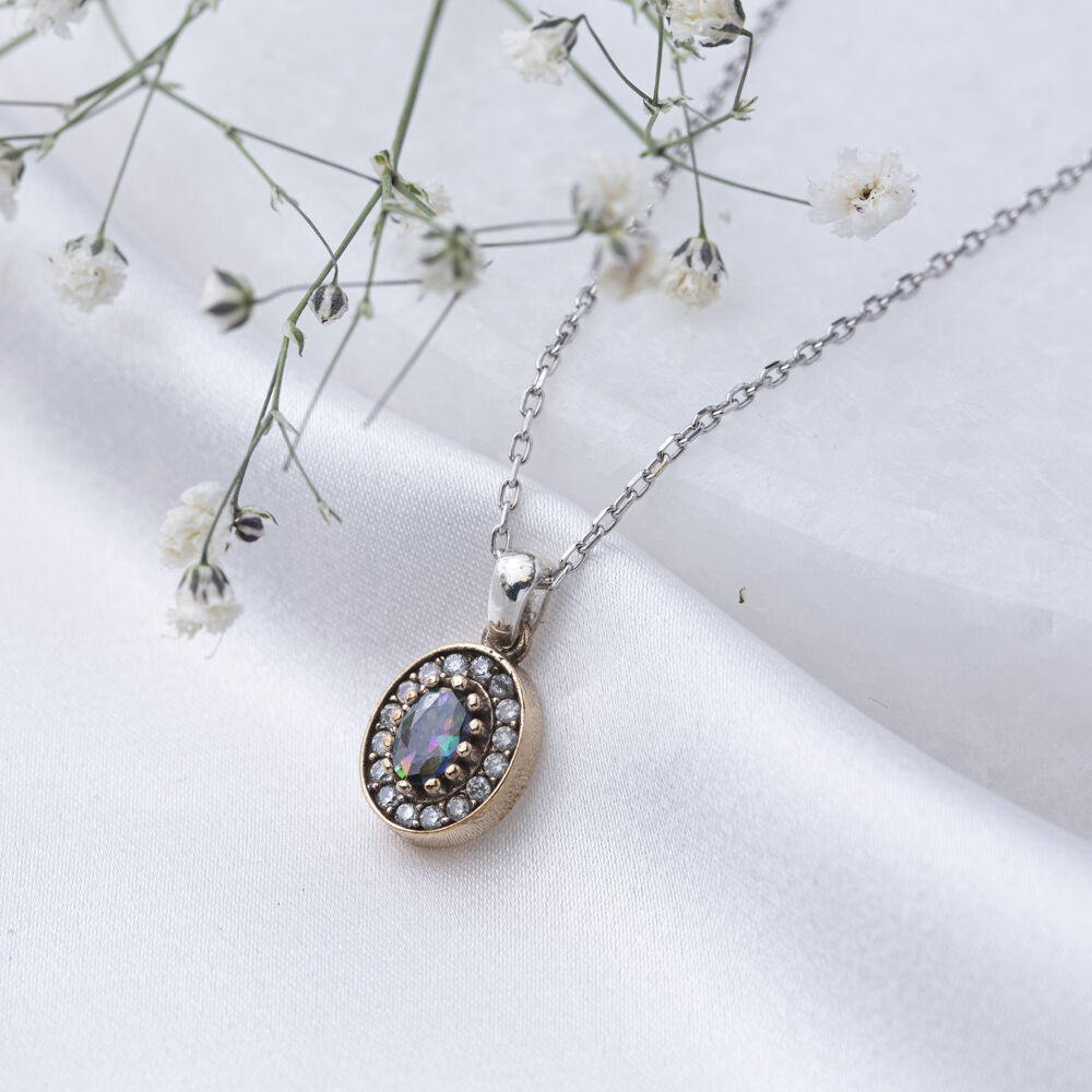 Oval Shape Mystic Topaz CZ Stone Authentic Pendant Charm Turkish Handmade Wholesale 925 Sterling Silver Jewelry