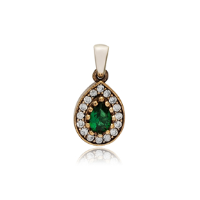 Pear  Shape Emerald CZ Stone Authentic Pendant Charm Turkish Handmade Wholesale 925 Sterling Silver Jewelry