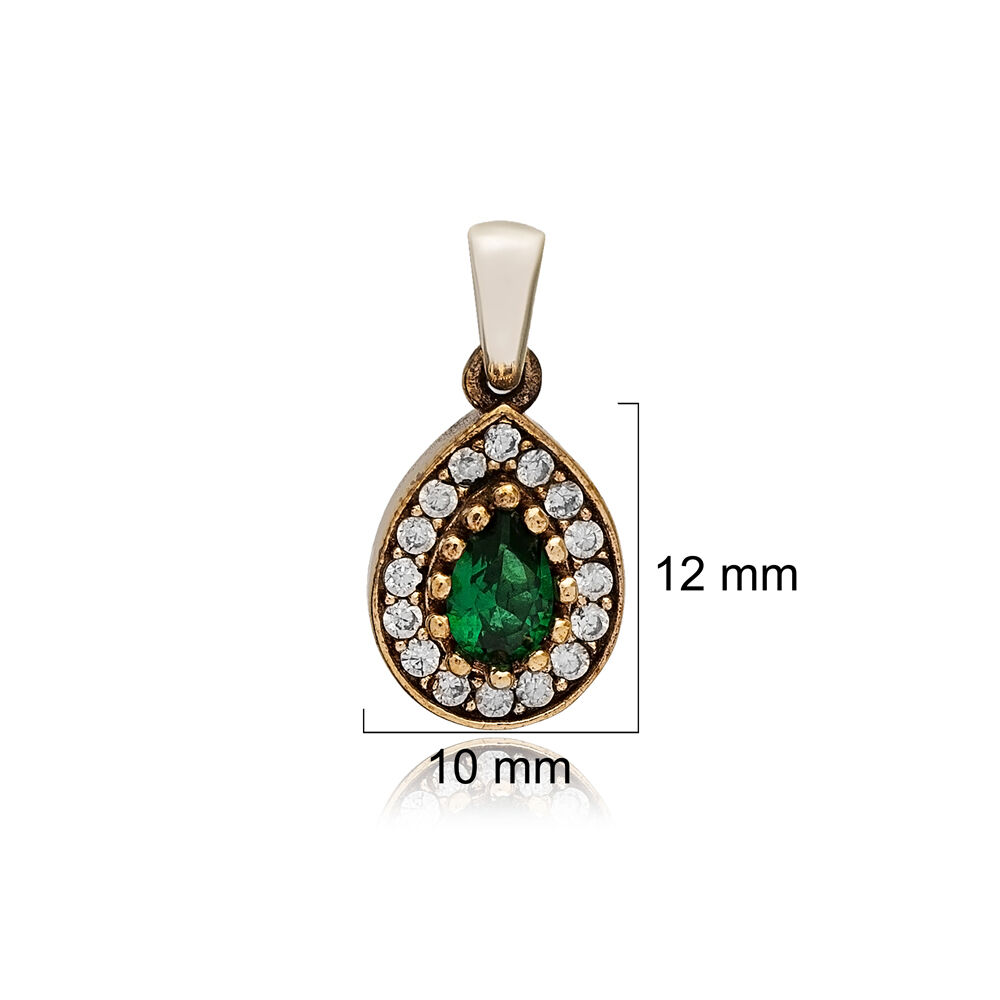 Pear  Shape Emerald CZ Stone Authentic Pendant Charm Turkish Handmade Wholesale 925 Sterling Silver Jewelry