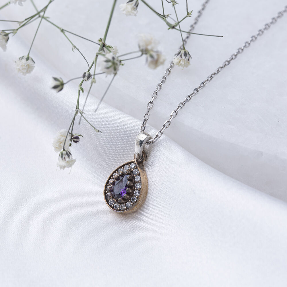 Pear Shape Amethsyt CZ Stone Authentic Pendant Charm Turkish Handmade Wholesale 925 Sterling Silver Jewelry