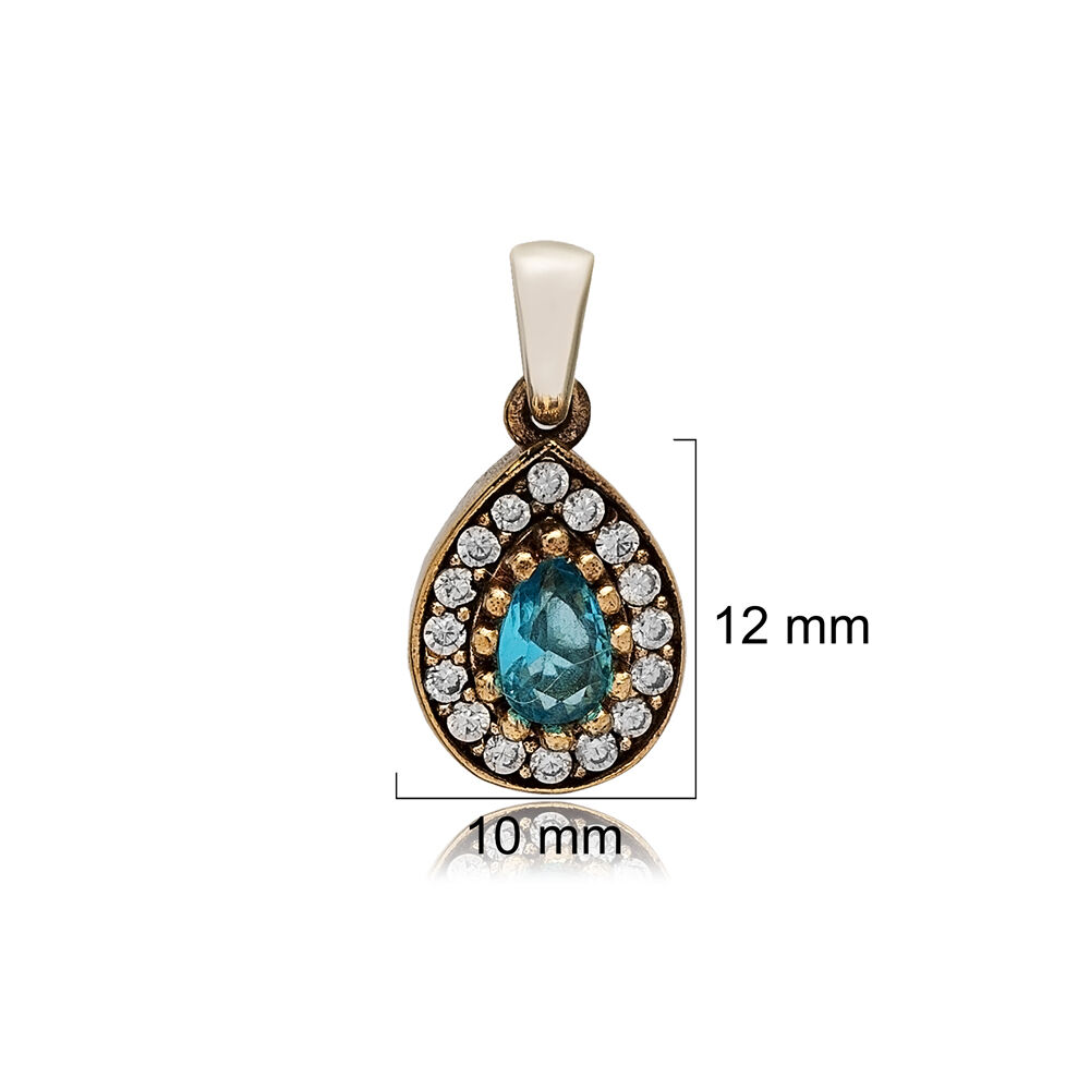 Pear Shape Aquamarine CZ Stone Authentic Pendant Charm Turkish Handmade Wholesale 925 Sterling Silver Jewelry
